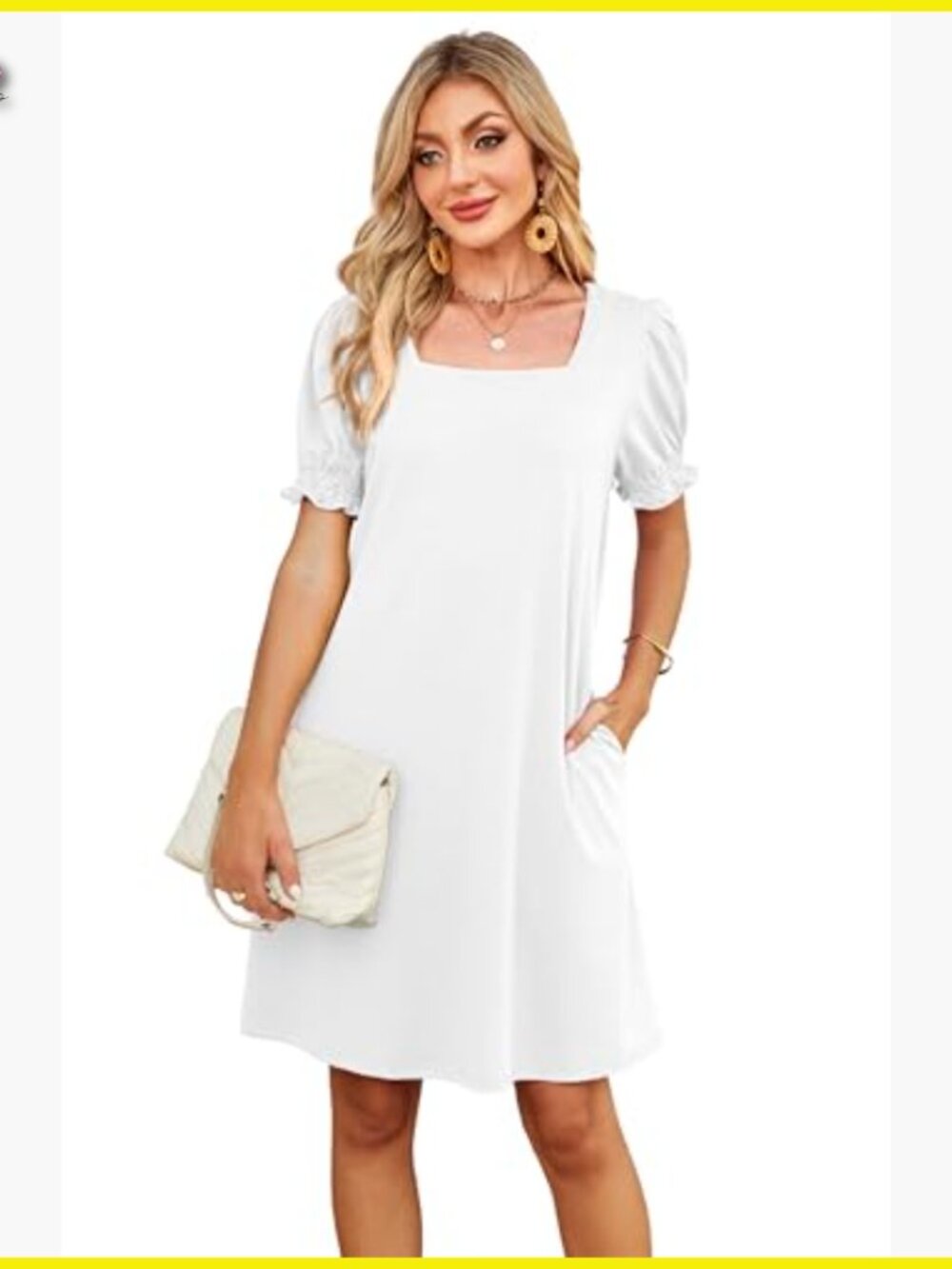 Square Neck Puff Sleeve Casual Dress with Pockets Chic Summer Wear - Picture 3 of 5